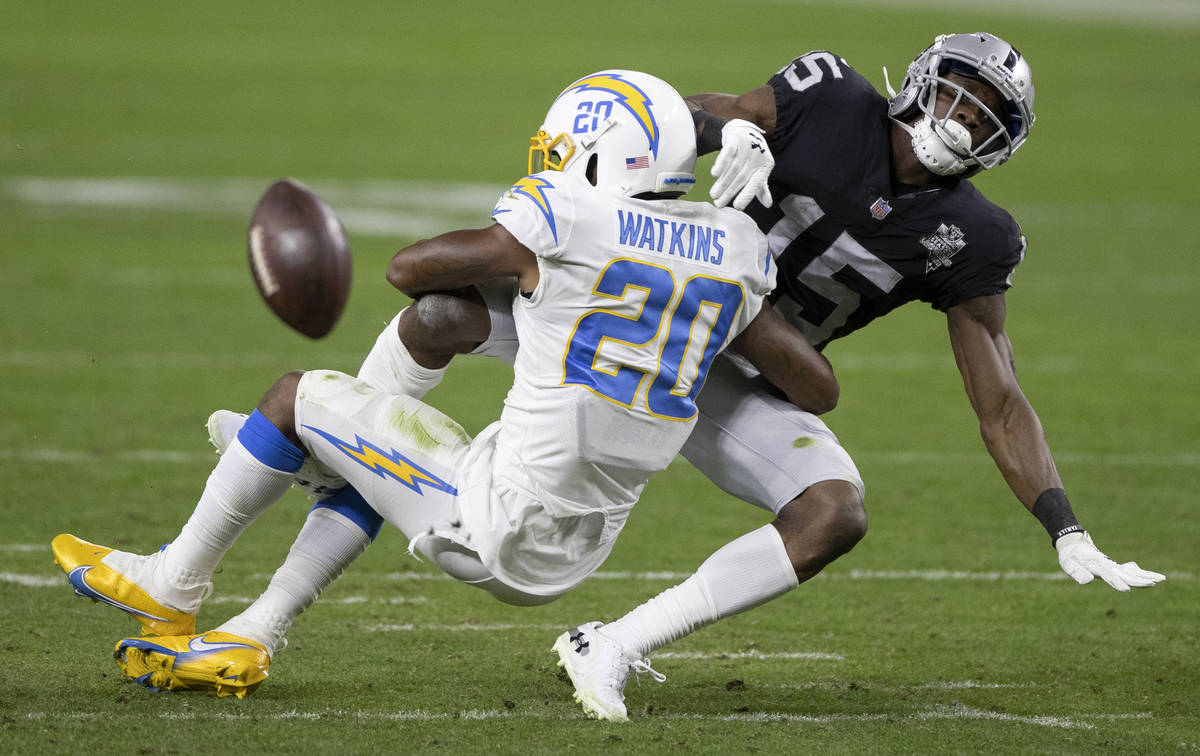 Los Angeles Chargers defensive back Jaylen Watkins (20) breaks up a pass intended for Raiders w ...