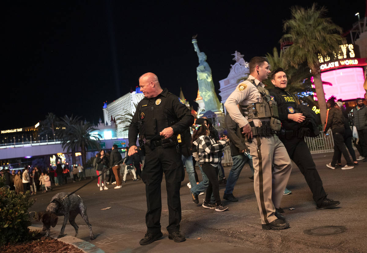 Metropolitan police patrol Las Vegas Boulevard for New Year's Eve on the Strip in this Dec. 31, ...