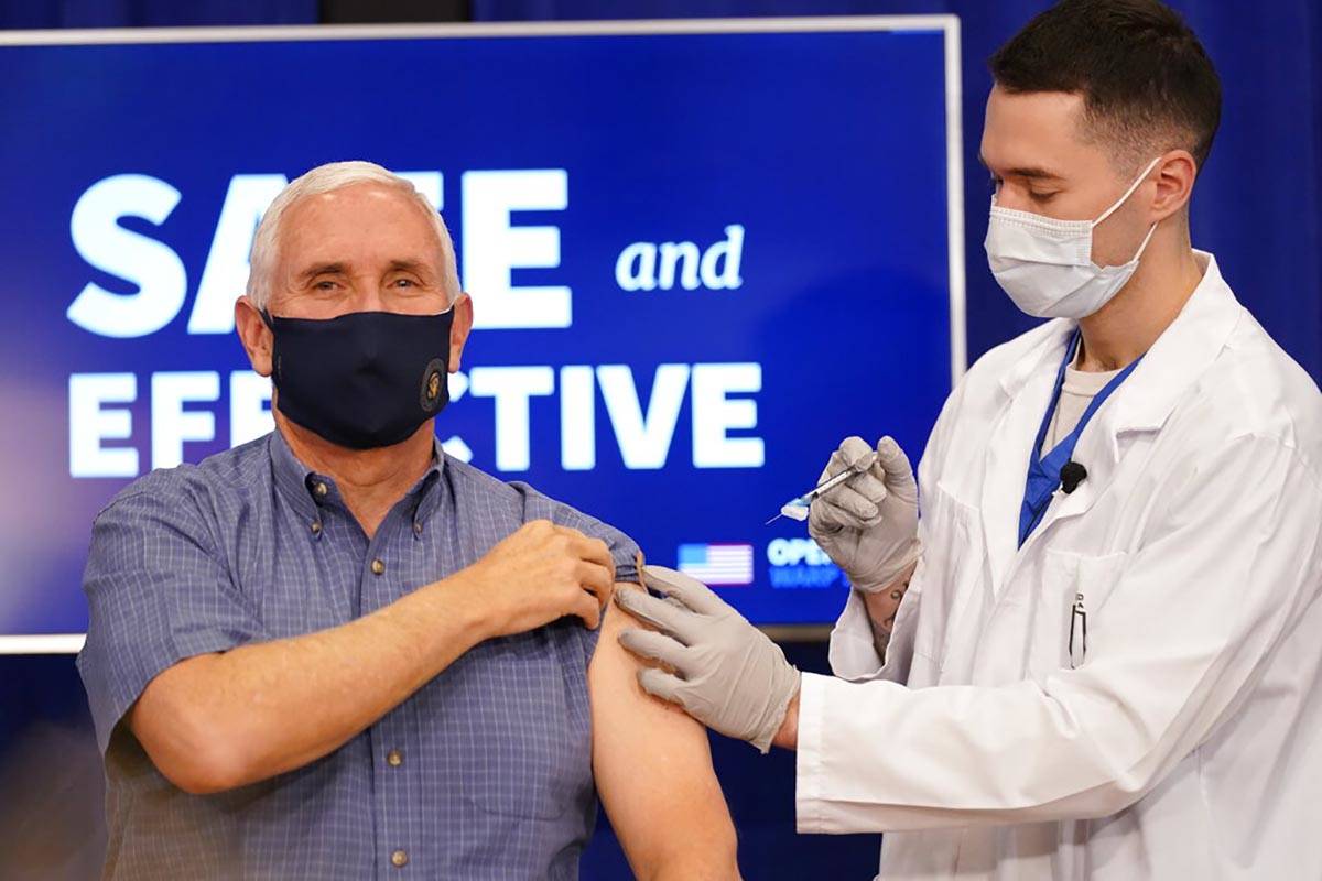 Vice President Mike Pence receives a Pfizer-BioNTech COVID-19 vaccine shot at the Eisenhower Ex ...