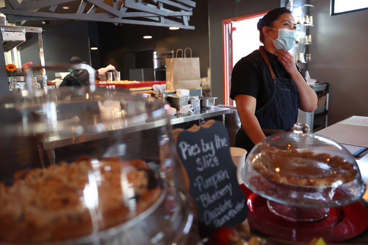 Andrea McLean, owner of Pop N Pies, speaks to fellow business owner at Vegas Test Kitchen in La ...