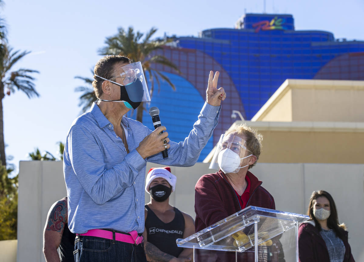 Penn & Teller welcome everyone back during the re-opening of the Rio on Tuesday, Dec. 22, 2 ...