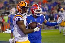 LSU wide receiver Jaray Jenkins, left, catches a 5-yard pass for a touchdown in front of Florid ...