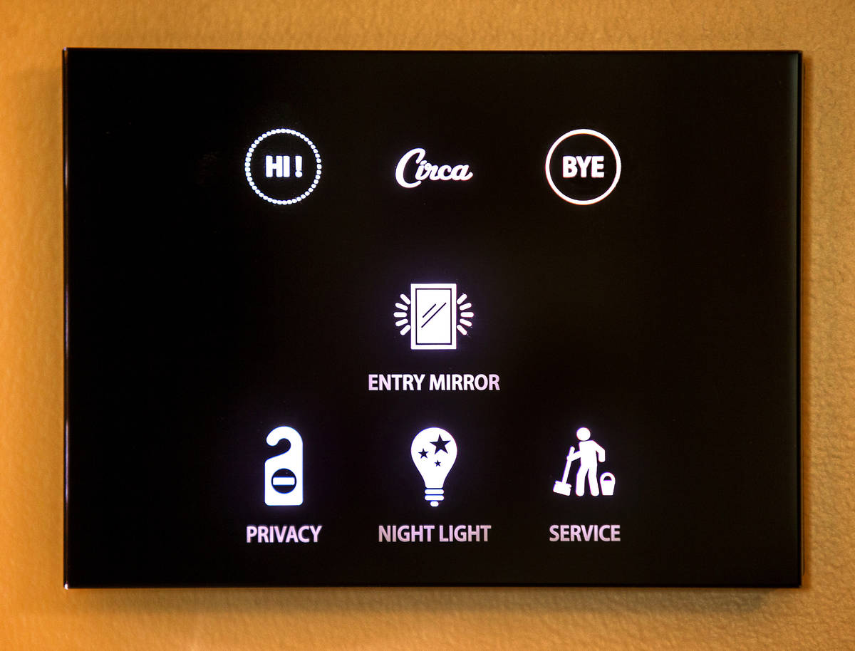 A room touch control panel in one of many suites at Circa on Friday, Dec. 18, 2020, in Las Vega ...
