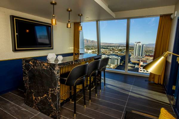 A stone bar and a great view within a Bunk Pad Suite at Circa on Friday, Dec. 18, 2020, in Las ...