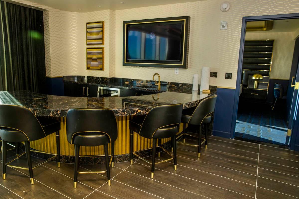 A large stone bar within the room of a Founders Suite at Circa on Friday, Dec. 18, 2020, in Las ...