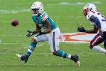 Miami Dolphins receiver Lynn Bowden (15) gets ready to grab a pass during the first half of an ...