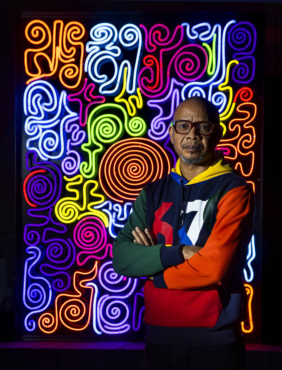 Neon Museum 2020 Artist in Residence Victor Ehikhamenor with his piece "Harvesting Light a ...