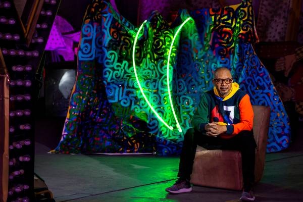 Neon Museum 2020 Artist in Residence Victor Ehikhamenor with his piece "Like Water God Rid ...