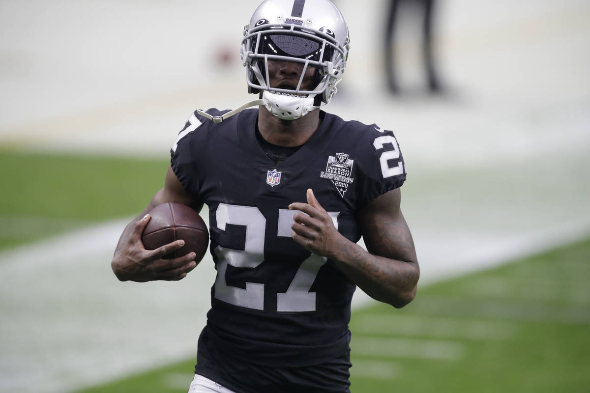 Las Vegas Raiders cornerback Trayvon Mullen (27) warms up before an NFL football game against t ...