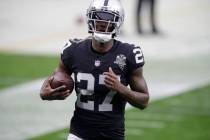Las Vegas Raiders cornerback Trayvon Mullen (27) warms up before an NFL football game against t ...
