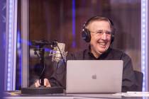 Brent Musburger shares a laugh with staff members during a live broadcast on Sunday, March 12, ...