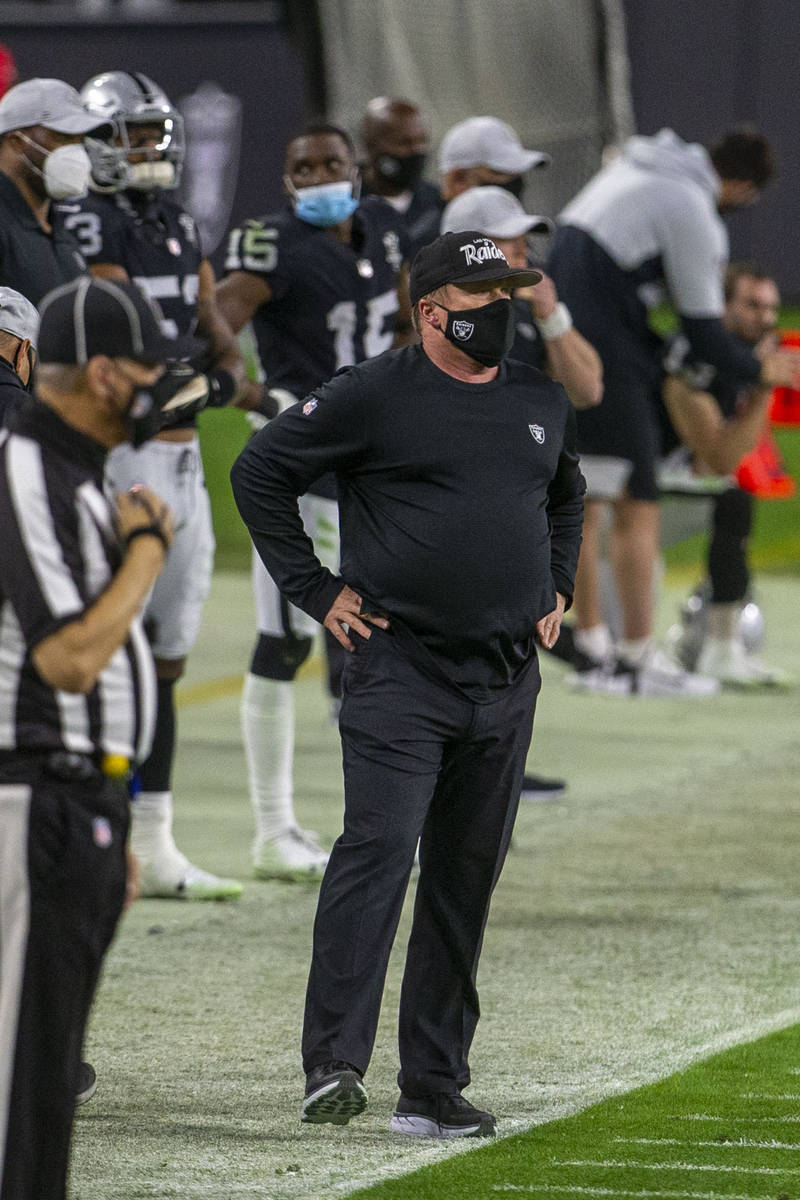 Raiders head coach Jon Gruden reacts after the team was penalized during the fourth quarter of ...