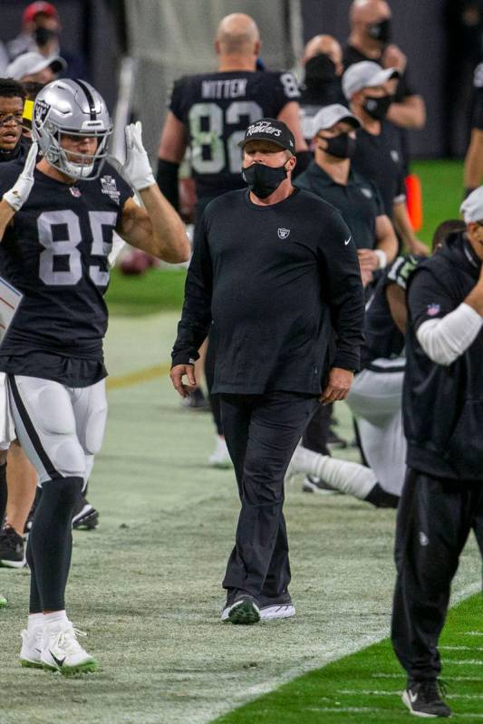 Raiders head coach Jon Gruden reacts after the team was penalized during the fourth quarter of ...