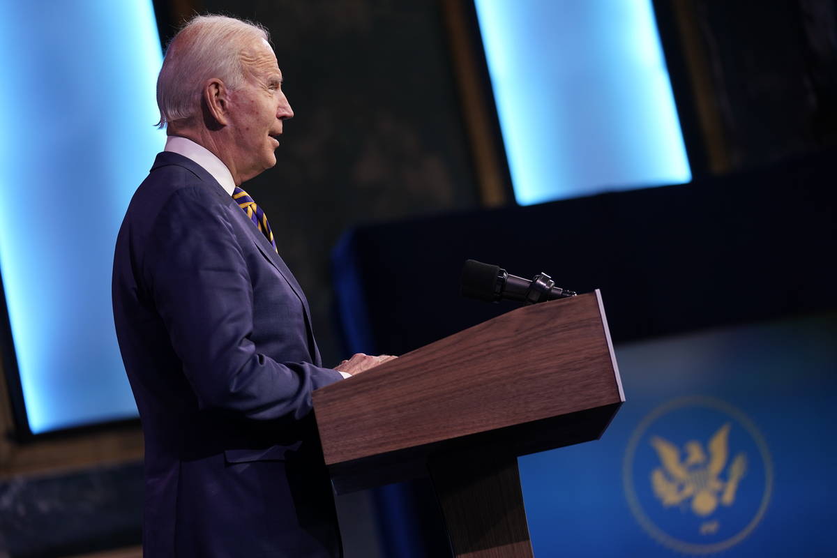 President-elect Joe Biden speaks at The Queen theater, Tuesday, Dec. 29, 2020, in Wilmington, D ...