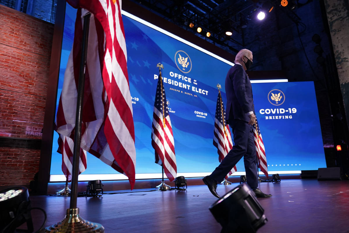 President-elect Joe Biden arrives to speak at The Queen theater, Tuesday, Dec. 29, 2020, in Wil ...