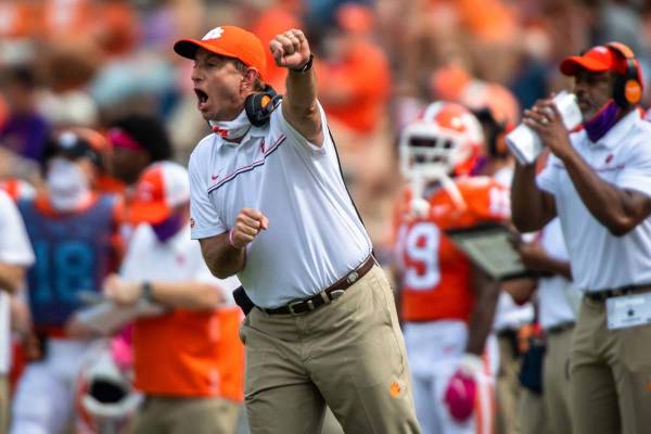 In this Oct. 24, 2020, file photo, Clemson head coach Dabo Swinney reacts on the sidelines duri ...