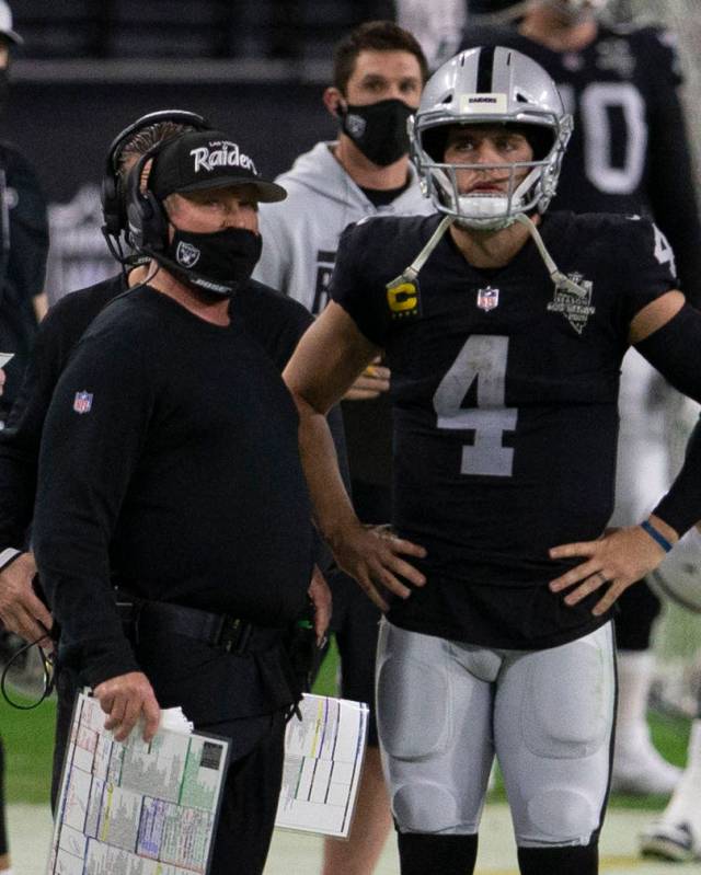 Raiders head coach Jon Gruden and quarterback Derek Carr (4) watch from the sideline during the ...