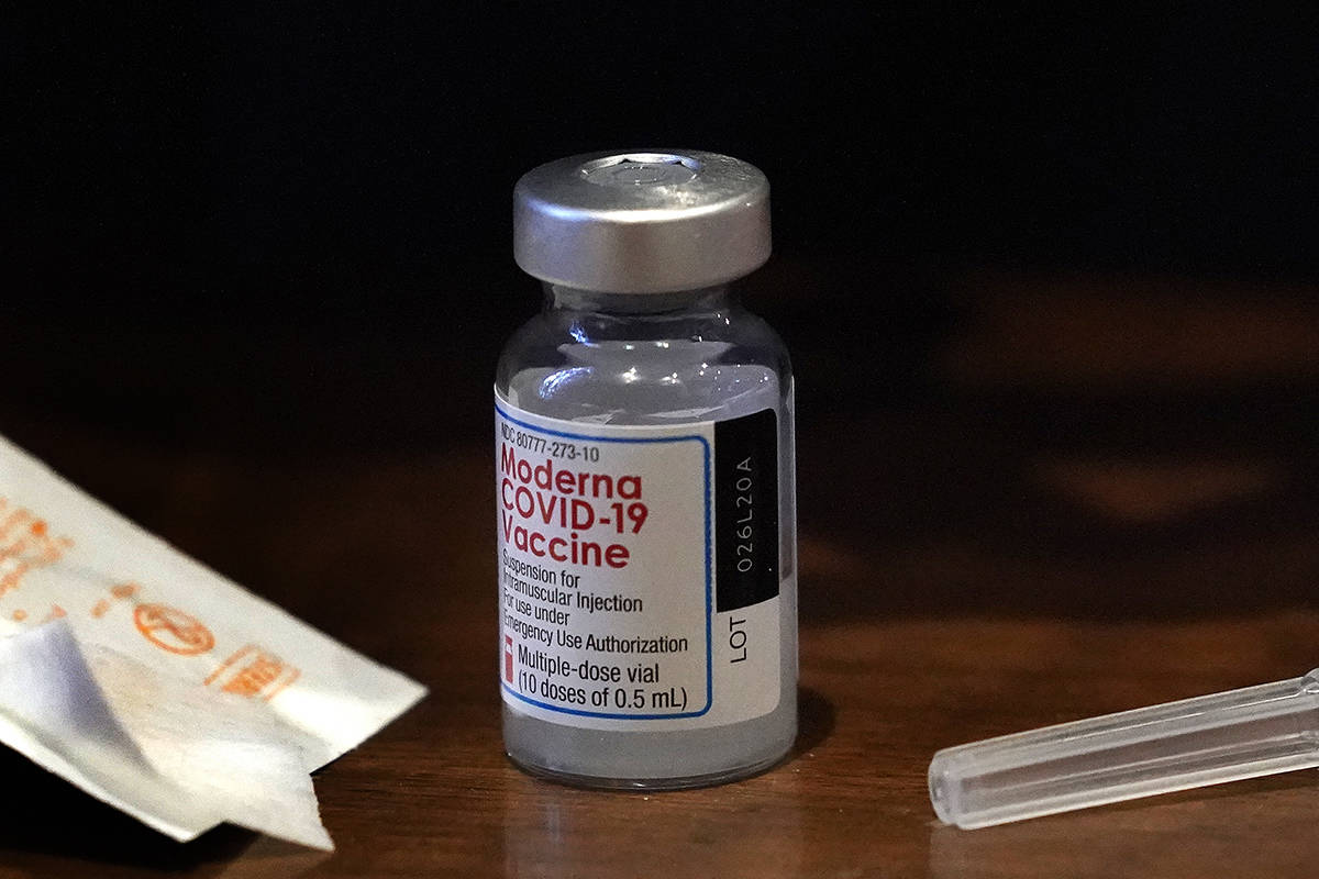 The Moderna COVID-19 vaccine is seen, Wednesday, Dec. 30, 2020, in Boston. (AP Photo/Elise Amen ...
