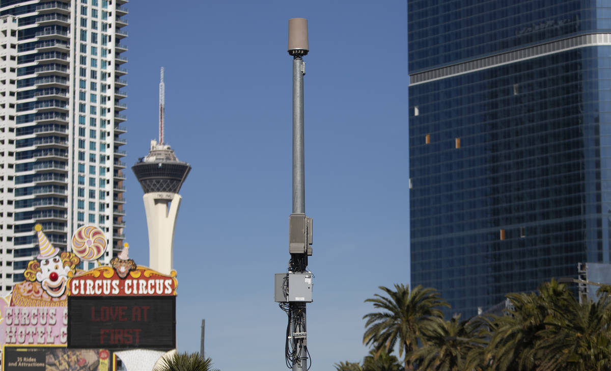 A small cell site is installed on a pole on Las Vegas Boulevard south of Sahara Avenue on Frida ...