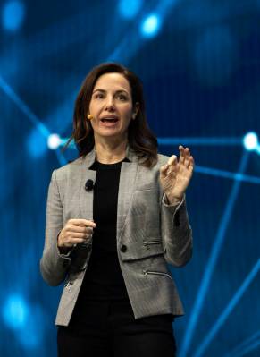 Emily Becher, senior vice president at Samsung Electronics, speaks during the Samsung Keynote e ...