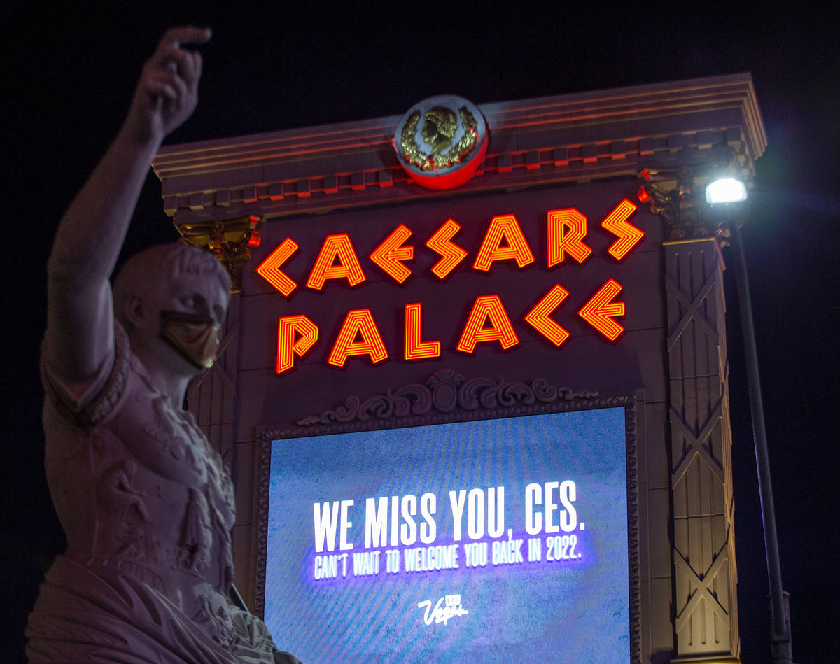 The marquee at Caesars Palace memorializes CES, which would have started on Monday but is moved ...