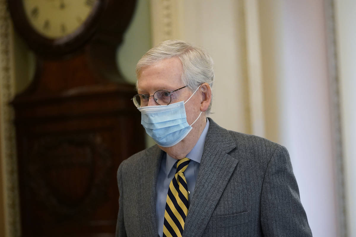 FILE - In this Dec. 30, 2020, file photo Senate Majority Leader Mitch McConnell of Ky., walks t ...