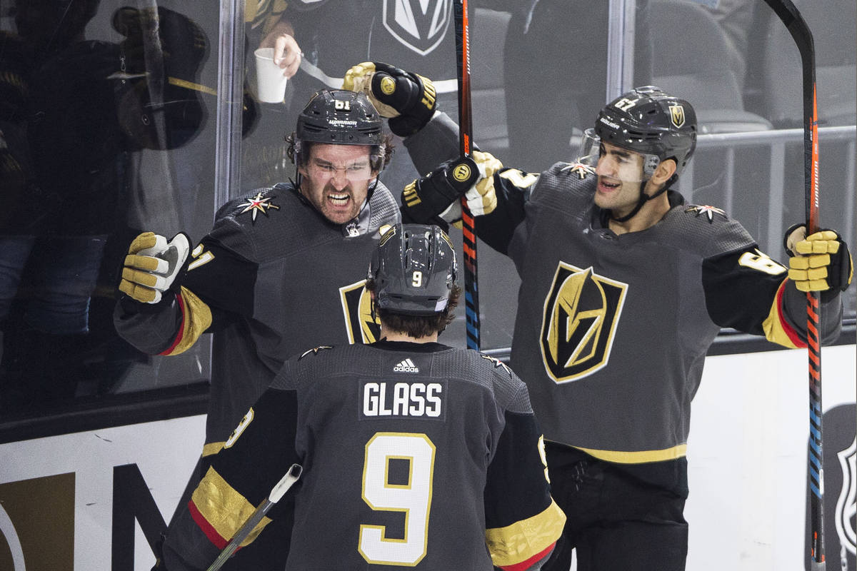 In this Nov. 19, 2019, file photo,Vegas Golden Knights right wing Mark Stone (61) celebrates hi ...