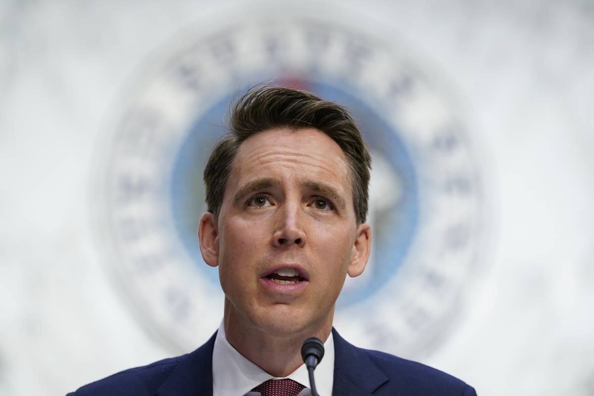 FILE - In this Oct. 12, 2020, file photo Sen. Josh Hawley, R-Mo., speaks during a confirmation ...