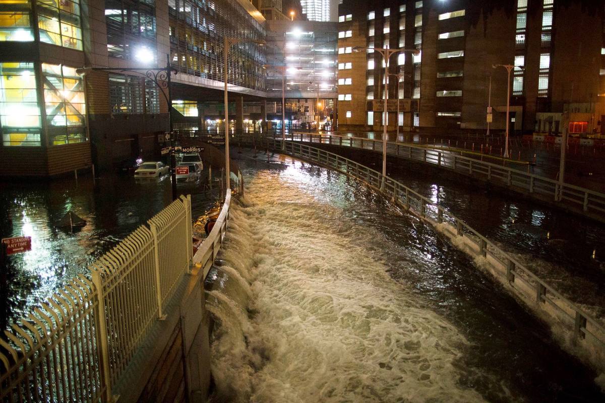 Seawater floods the entrance to the Brooklyn Battery Tunnel during Superstorm Sandy in New York ...