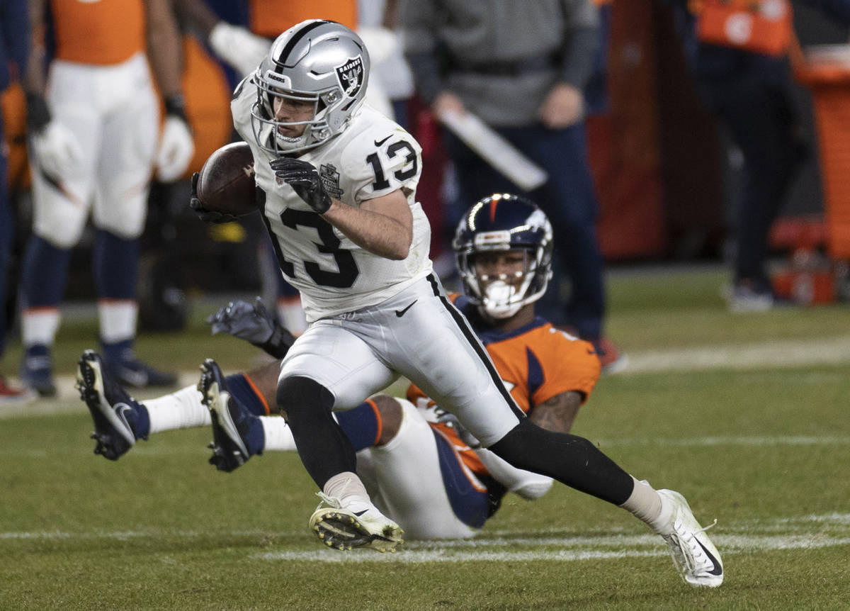 Raiders wide receiver Hunter Renfrow (13) cuts up field in the fourth quarter during an NFL foo ...