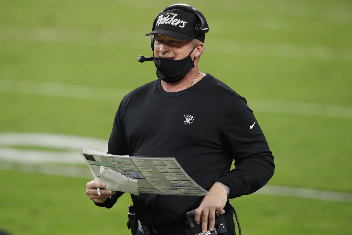 Las Vegas Raiders head coach Jon Gruden stands on the sidelines during the second half of an NF ...