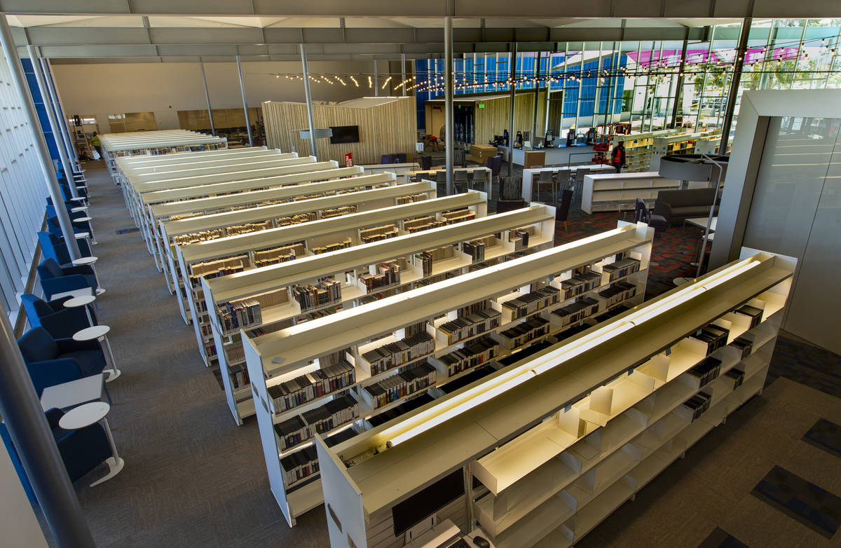 Many shelves of materials are already stocked within the new East Las Vegas Library, Las Vegas- ...