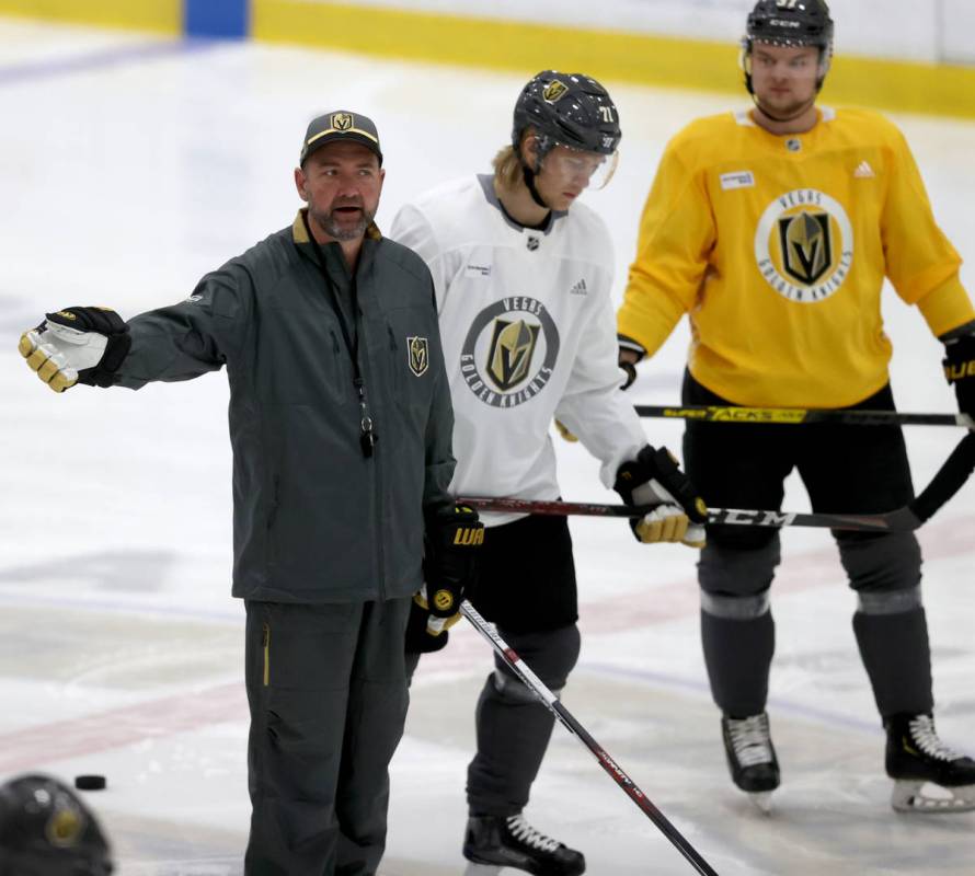 Golden Knights Coach Pete DeBoer, from left, forward William Karlsson and forward Reid Duke on ...