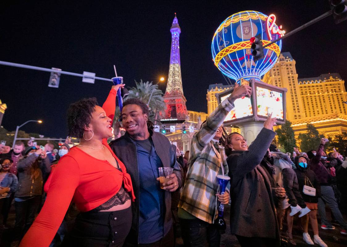 Revelers count down to 2021 on the Las Vegas Strip, Thursday, Dec. 31, 2020. (Elizabeth Page Br ...