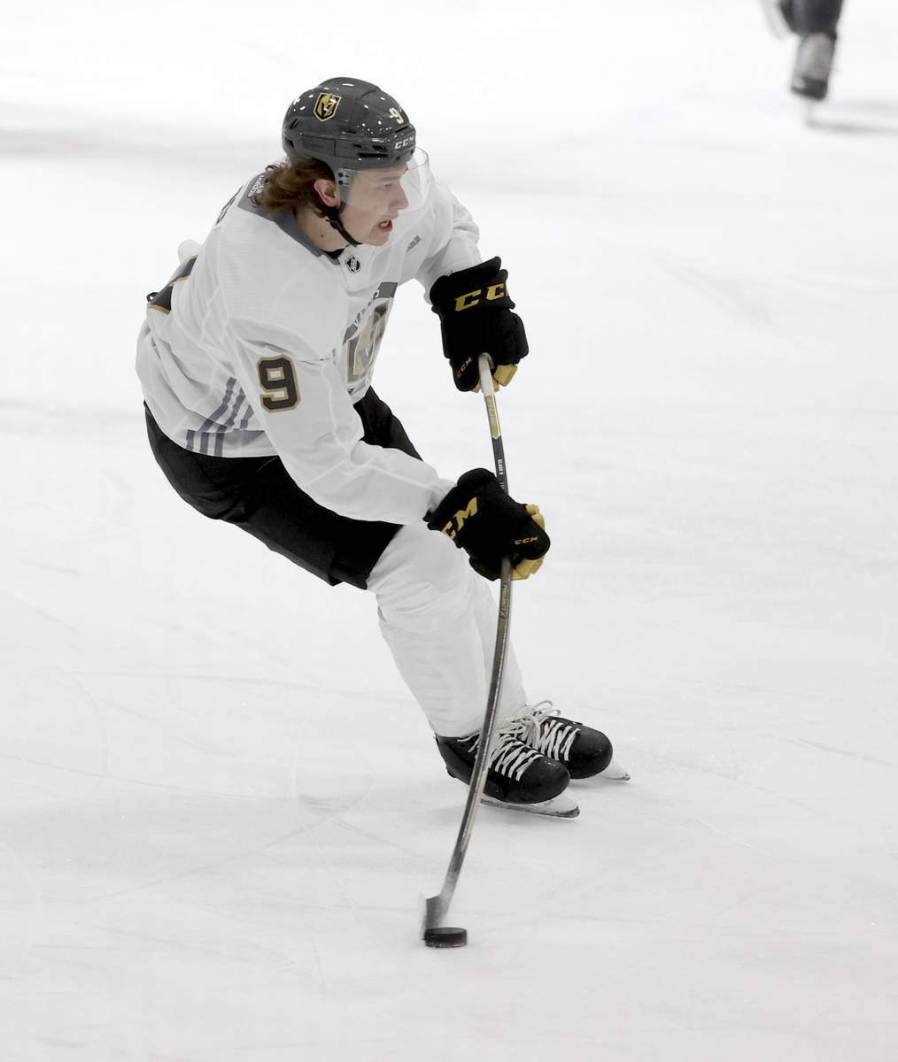 Vegas Golden Knights forward Cody Glass controls the puck during a scrimmage during NHL hockey ...