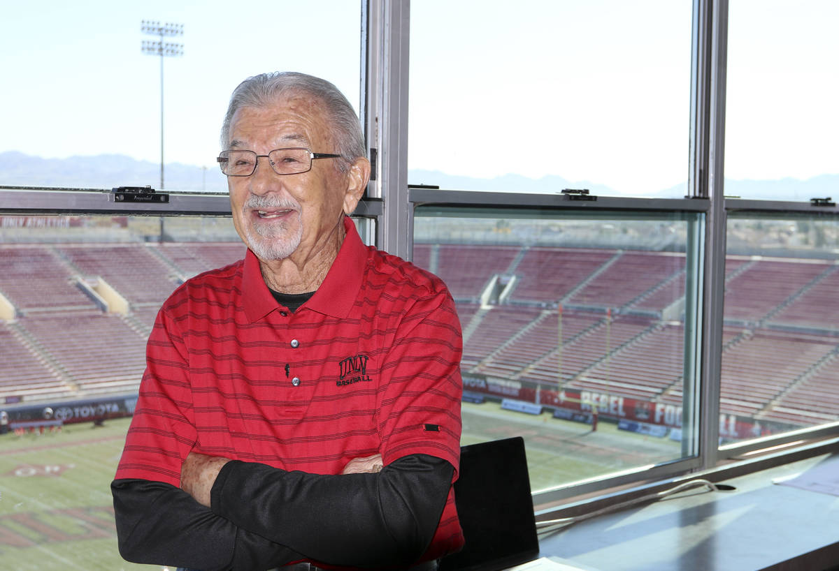 The "Voice of the Rebels", Dick Calvert, smiles during an interview at Sam Boyd Stadi ...