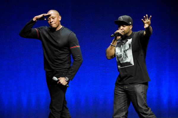 FILE - In this Thursday, April 23, 2015, file photo, N.W.A. members Dr. Dre, left, and Ice Cube ...