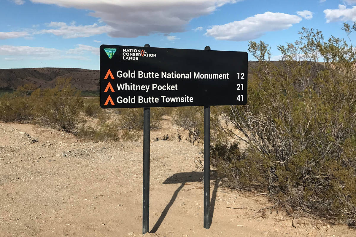 A new road sign greets motorists on Oct. 8 along the main road into Gold Butte National Monumen ...