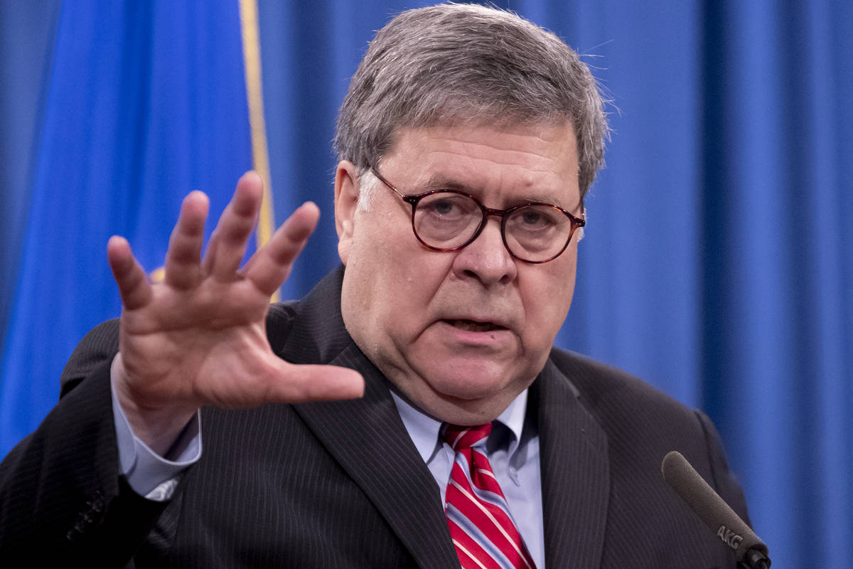 Attorney General William Barr speaks during a news conference, Monday, Dec. 21, 2020 at the Jus ...