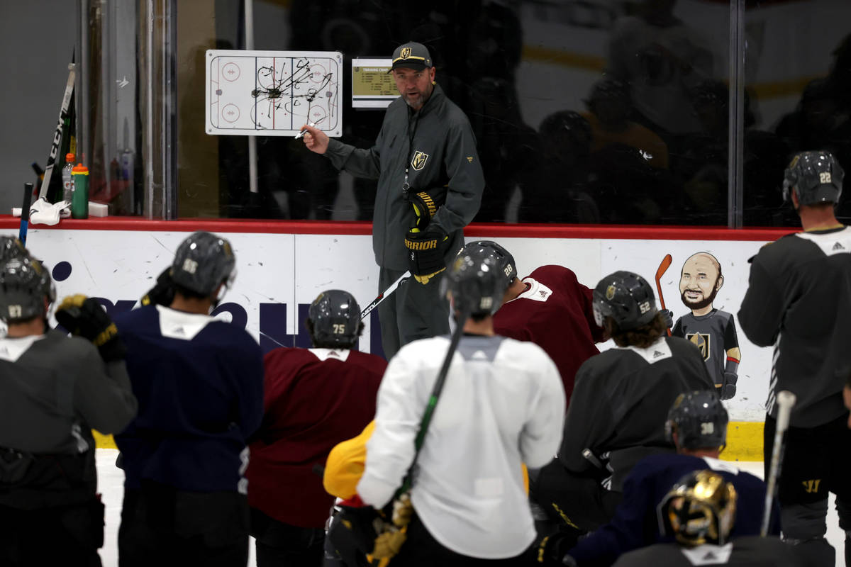 Golden Knights coach Pete DeBoer on the first day of training camp at City National Arena in La ...