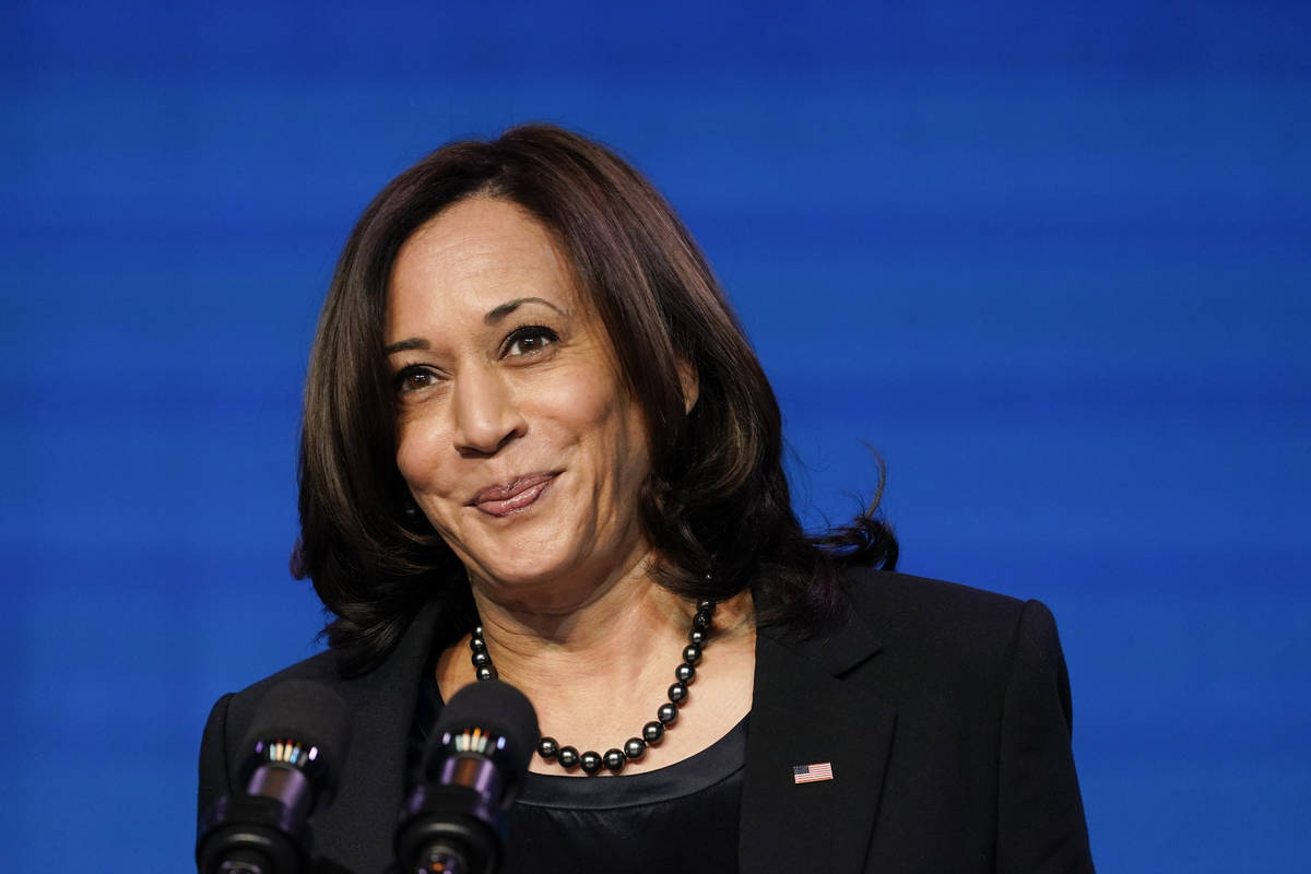 Vice President-elect Kamala Harris speaks during an event at The Queen theater in Wilmington, D ...