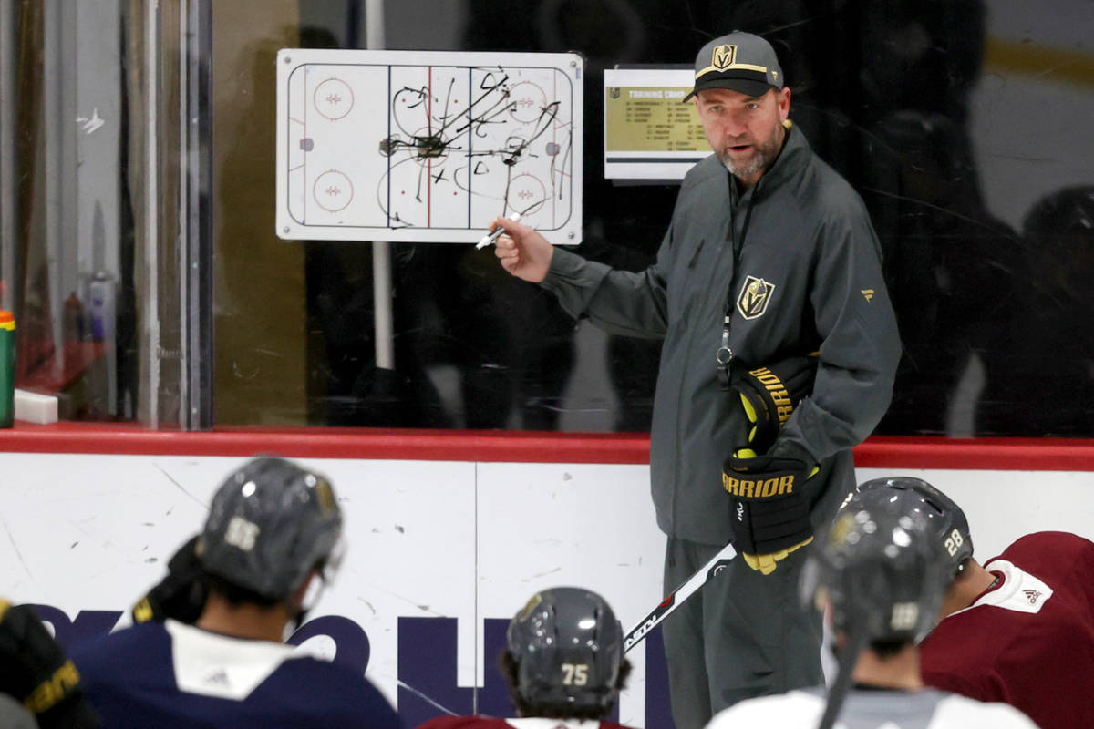 Golden Knights coach Pete DeBoer on the first day of training camp at City National Arena in La ...