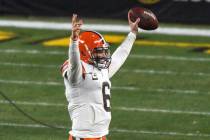 Cleveland Browns quarterback Baker Mayfield (6) celebrates as he walks off the field following ...
