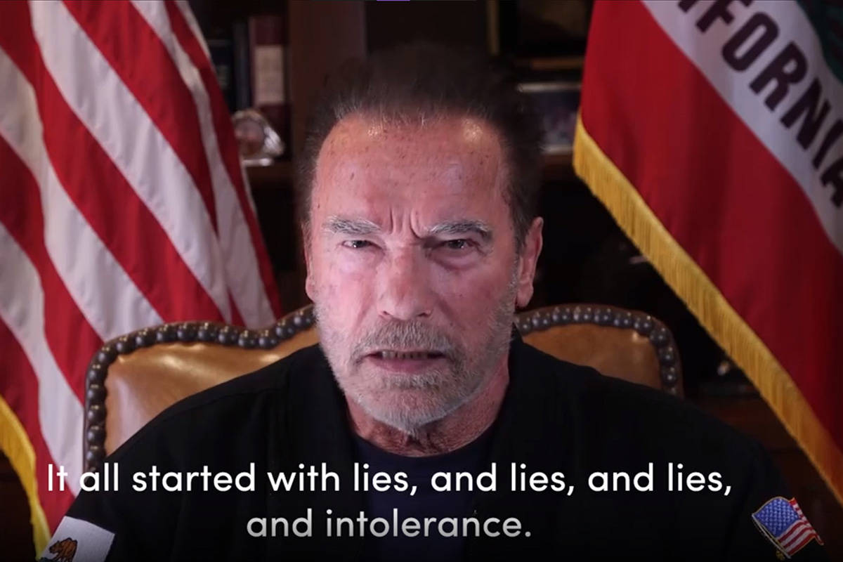 This Sunday, Jan. 10, 2021, image from a video released by Schwarzenegger shows former Republic ...