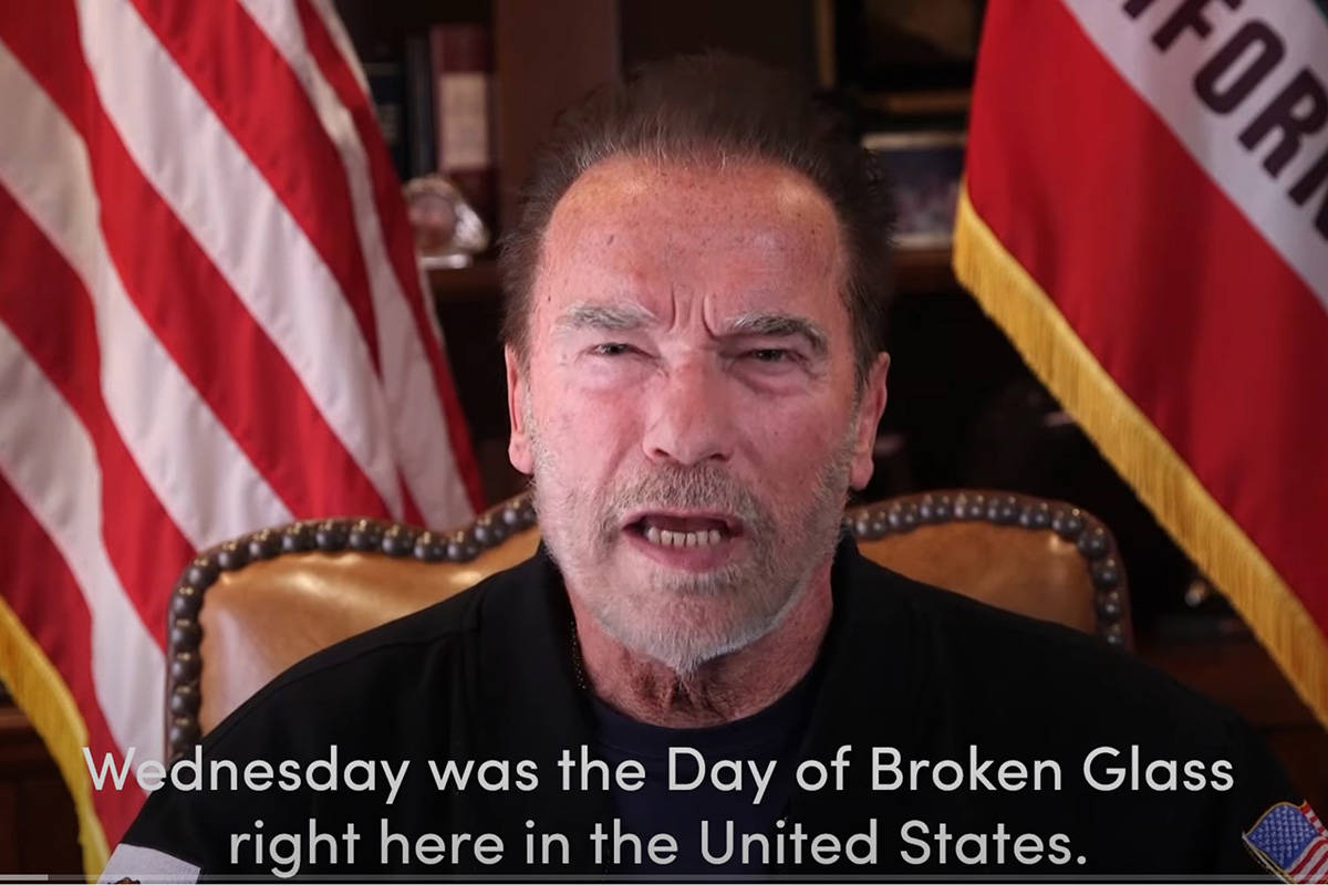 This Sunday, Jan. 10, 2021, image from a video released by Schwarzenegger shows former Republic ...