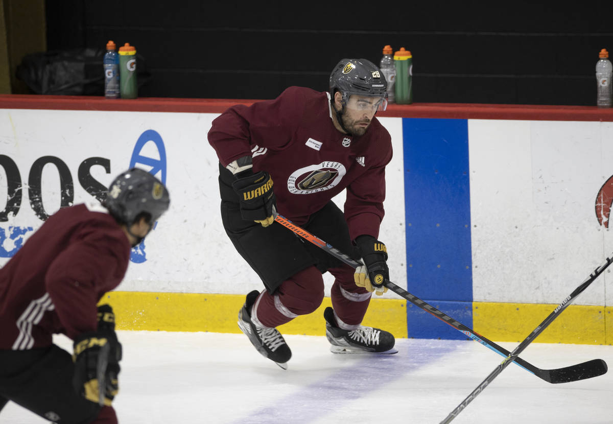 Golden Knights forward William Carrier (28) skates up ice during practice at City National Are ...