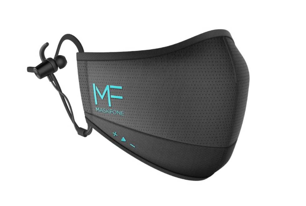 The MaskFone includes a built in microphone, headphones, and replaceable PM2.5 and N95/FFP2 fil ...