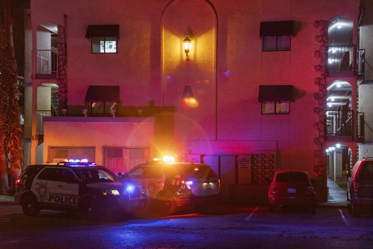 Las Vegas Metro Police Department investigate a double homicide at the Harbor Island Apartments ...