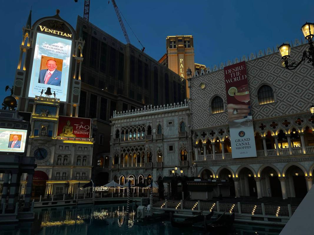 Sheldon Adelson, the late CEO of Las Vegas Sands Corp., is honored on the marquee at The Veneti ...