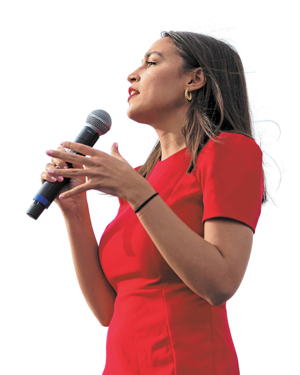 Rep. Alexandria Ocasio-Cortez, D-N.Y., speaks during a rally for Democratic presidential candid ...